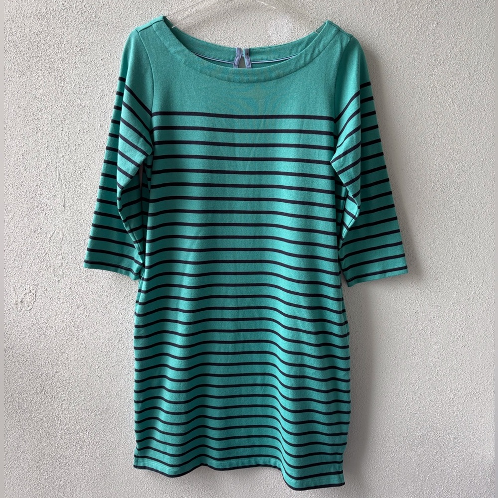 L L Bean Medium Green Navy Stripe Sheath‎ Casual Dress Pockets Cotton Nautical